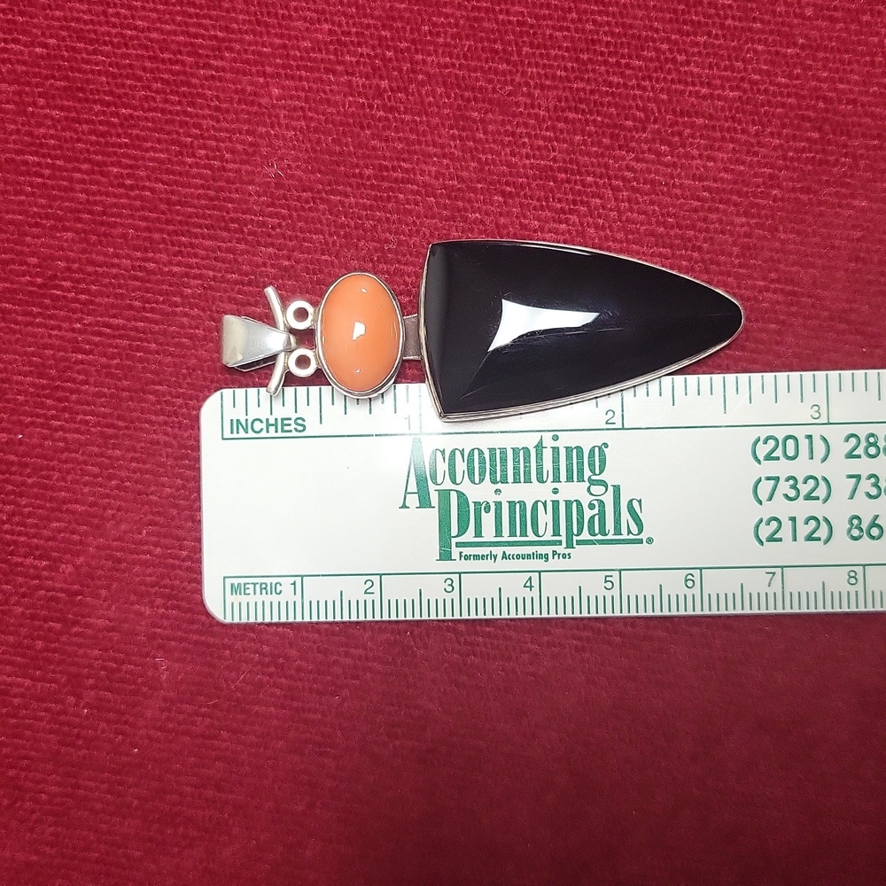 Frank Patania Jr Sterling, Onyx and Coral Owl Pendant - Picture 4 of 5